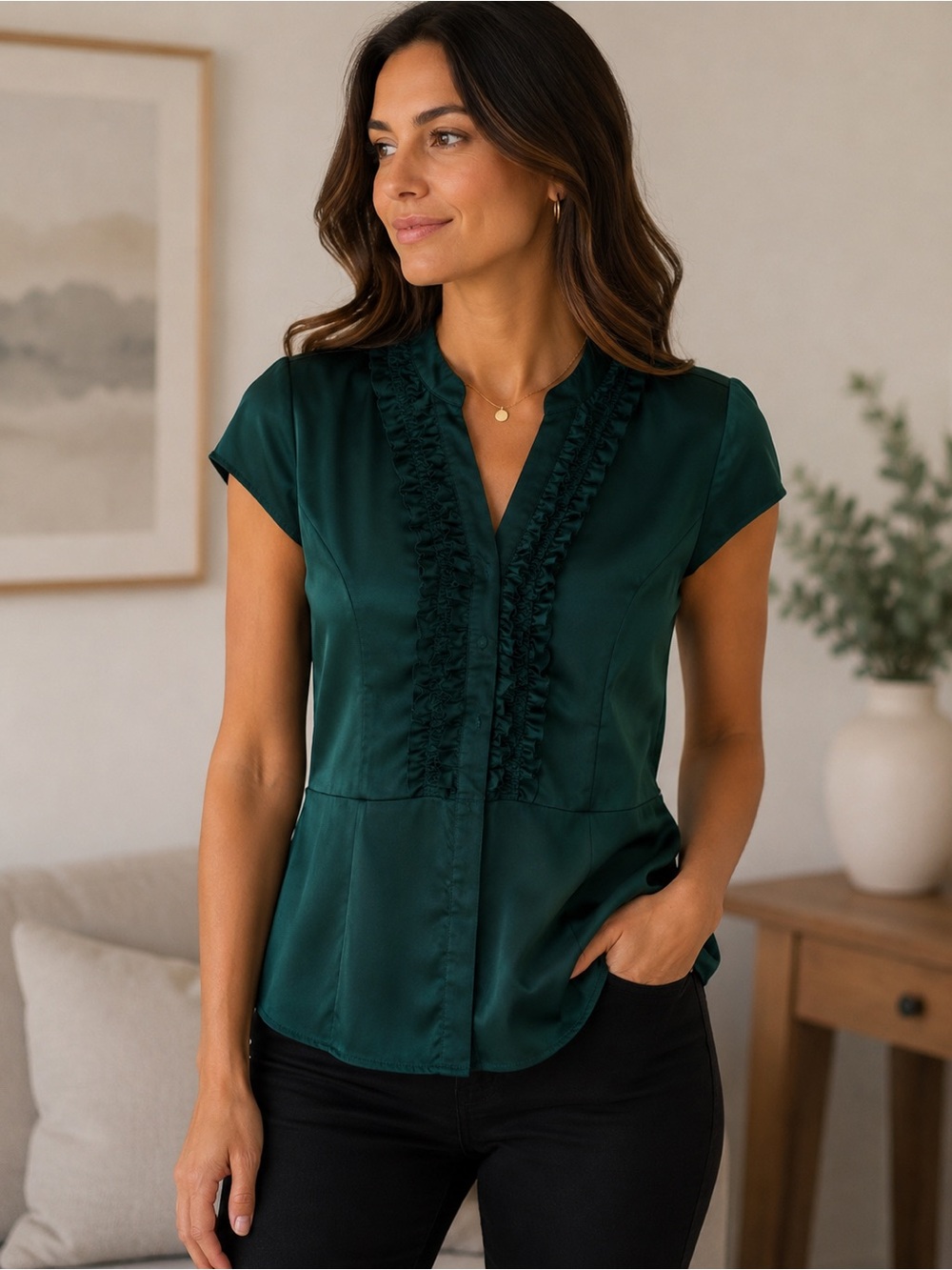 George Green Cap Sleeve Blouse with Ruffled Details